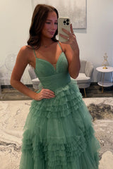 Dreamyannie Tulle Spaghetti Straps Sage Prom Dress Ruffled Long Formal Dress