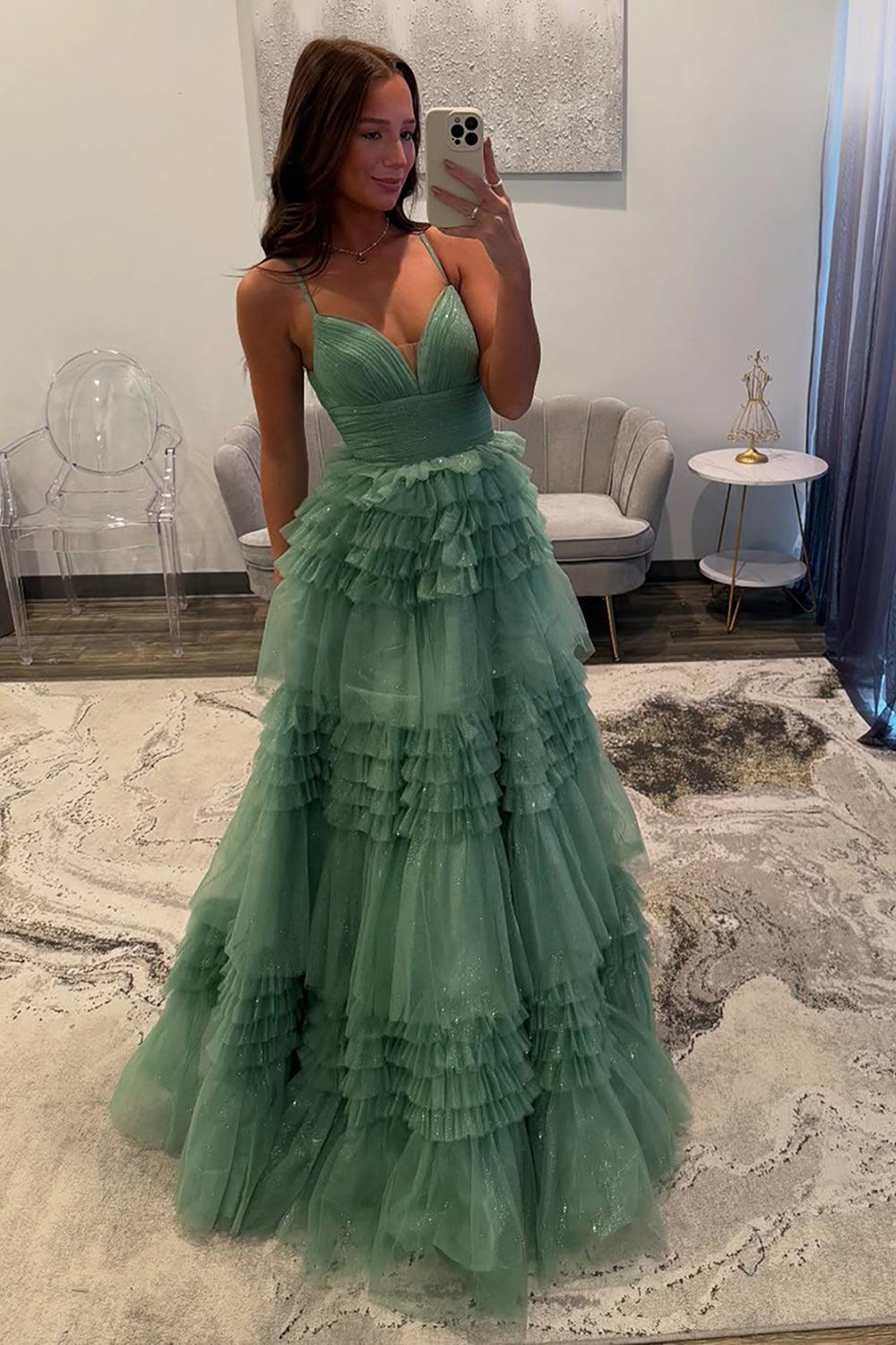 Dreamyannie Tulle Spaghetti Straps Sage Prom Dress Ruffled Long Formal Dress