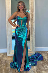 Dreamyannie Turquoise Prom Dress Mermaid Ruche Metallic Long Formal Dress With Slit