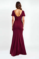 Dreamyannie V-Neck Burgundy Wedding Guest Dress Short Sleeves Long Formal Dress