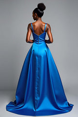 Dreamyannie V-Neck Royal Blue Wedding Guest Dress Long Satin Formal Dress With Slit
