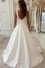 Dreamyannie V Neck Wedding Dress A Line Satin Bridal Dress