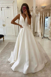 Dreamyannie V Neck Wedding Dress A Line Satin Bridal Dress