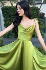 Dreamyannie Vintage A Line Satin Off The Shoulder Sleeveless Green Prom Dress Formal Dress With Slit