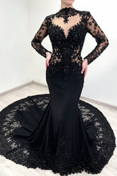 Dreamyannie Vintage Black Prom Dress Mermaid Lace High Neck Sleeves Beaded Cathedral Train Satin Formal Dress