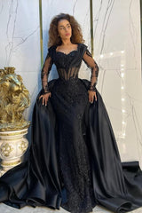 Dreamyannie Vintage Black Prom Dress Mermaid Sweetheart Sleeves Sequined Panel Train Satin Formal Dress