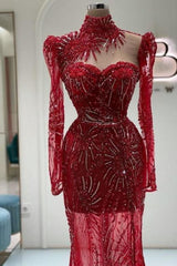 Dreamyannie Vintage Column Prom Dress Tulle Sweetheart Sleeve Red Formal Dress With Appliques