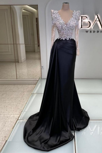 Dreamyannie Vintage Column Satin Prom Dress Lace V Neck Sleeve Black Formal Dress With Beading