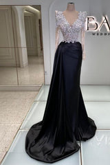 Dreamyannie Vintage Column Satin Prom Dress Lace V Neck Sleeve Black Formal Dress With Beading