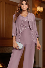 Dreamyannie Vintage Mauve V Neck 3 Piece Mother Of The Bride Pant Suits With Jacket