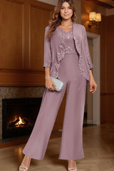 Dreamyannie Vintage Mauve V Neck 3 Piece Mother Of The Bride Pant Suits With Jacket
