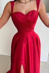 Dreamyannie Vintage Red Prom Dress A Line Satin Pleated Sleeveless Formal Dress With Slit