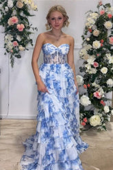 Dreamyannie White Blue Prom Dress Flower Sweetheart Tiered A-Line Long Formal Dress