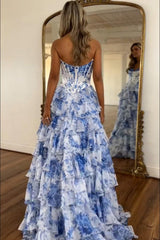 Dreamyannie White Blue Prom Dress Flower Tiered Sweetheart Corset Long Formal Dress