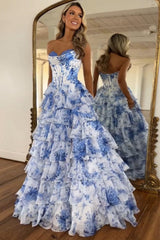 Dreamyannie White Blue Prom Dress Flower Tiered Sweetheart Corset Long Formal Dress