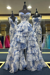 Dreamyannie White Blue Prom Dress Flower Tiered Sweetheart Corset Long Formal Dress