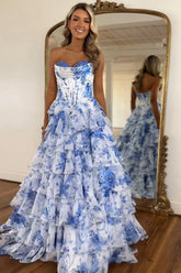 Dreamyannie White Blue Prom Dress Flower Tiered Sweetheart Corset Long Formal Dress