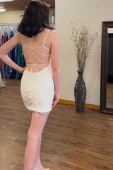 Dreamyannie White Lace Tight Homecoming Dresses Spaghetti Straps Short Cocktail Dresses