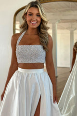 Dreamyannie White Prom Dress 2 Piece Beaded Satin Long Formal Dress With Slit