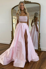 Dreamyannie White Prom Dress 2 Piece Beaded Satin Long Formal Dress With Slit