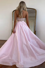 Dreamyannie White Prom Dress 2 Piece Beaded Satin Long Formal Dress With Slit