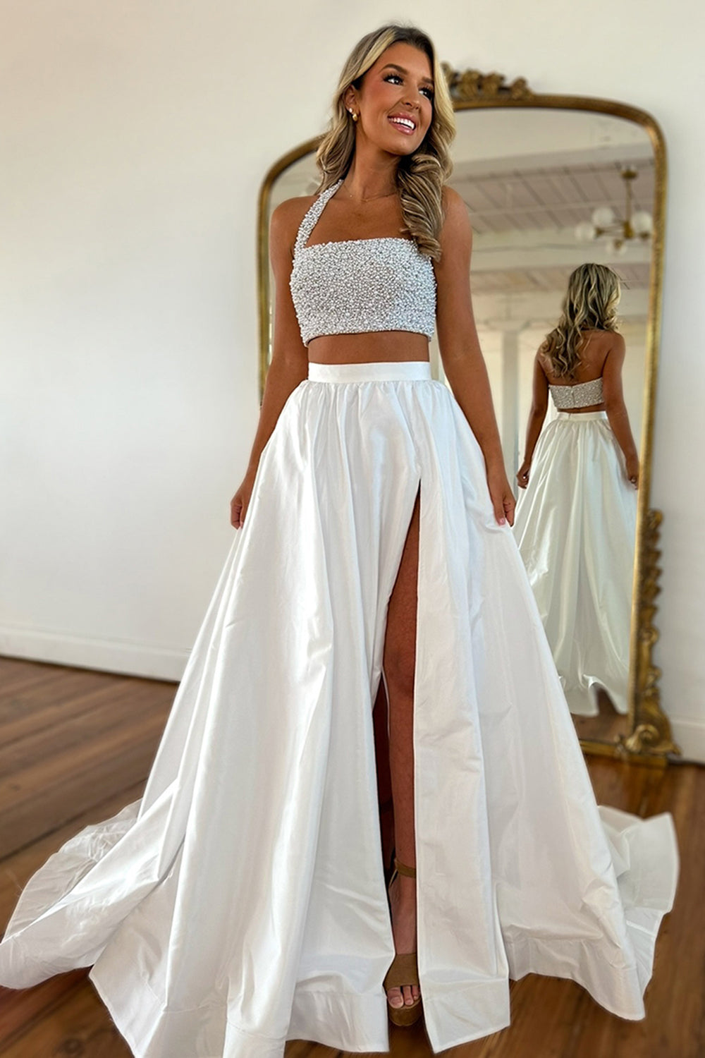 Dreamyannie White Prom Dress 2 Piece Beaded Satin Long Formal Dress With Slit
