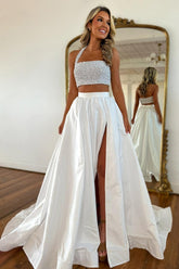 Dreamyannie White Prom Dress 2 Piece Beaded Satin Long Formal Dress With Slit