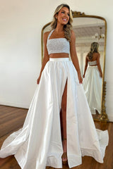 Dreamyannie White Prom Dress 2 Piece Beaded Satin Long Formal Dress With Slit