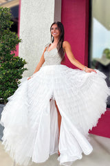 Dreamyannie White Prom Dress A Line Ruffled Tiered Beaded Long Pageant Dress With Slit