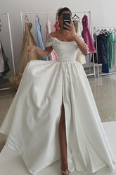 Dreamyannie White Prom Dress A Line Strapless Off The Shoulder Sleeveless Beaded Satin Formal Dress With Pearls