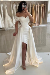 Dreamyannie White Prom Dress A Line Sweetheart Off The Shoulder Sleeveless Simple Satin Formal Dress