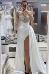 Dreamyannie White Prom Dress A Line V Neck Beaded Front Slit Panel Train Satin Formal Dress