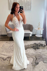 Dreamyannie White Prom Dress Lace Mermaid Deep V-Neck Halter Corset Long Formal Dress