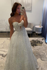 Dreamyannie White Prom Dress Long A Line Sweetheart Formal Dress