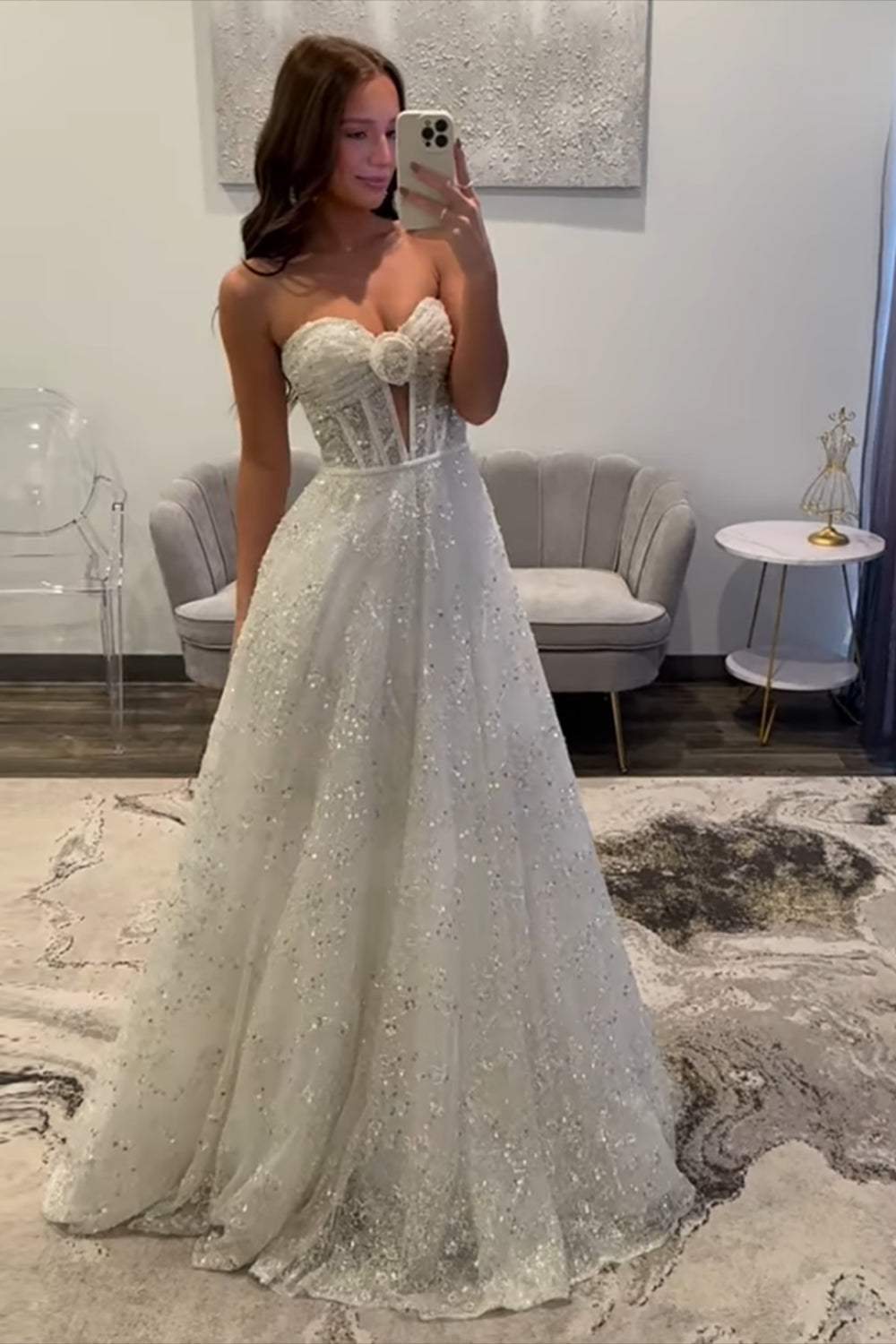 Dreamyannie White Prom Dress Long A Line Sweetheart Formal Dress