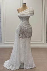 Dreamyannie White Prom Dress Mermaid One Shoulder Sleeveless Sequined Panel Train Tulle Formal Dress With Slit