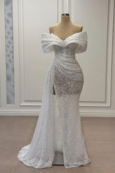 Dreamyannie White Prom Dress Mermaid Strapless Sequined Off The Shoulder Sleeveless Tulle Formal Dress With Slit