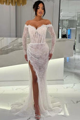 Dreamyannie White Prom Dress Mermaid Sweetheart Off The Shoulder Sequined Lace Formal Dress With Slit