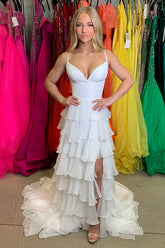 Dreamyannie White Prom Dress Ruffled Spaghetti Straps Chiffon A Line Long Formal Dress With Slit