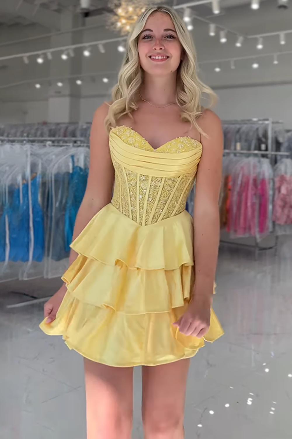 Dreamyannie Yellow A Line Homecoming Dresses Satin Short Corset Cocktail Dresses With Lace