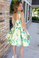 Dreamyannie Yellow Floral A Line Homecoming Dresses Satin Short Cocktail Dresses