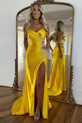 Dreamyannie Yellow Prom Dress Beaded Mermaid Sweetheart Long Formal Dress With Slit