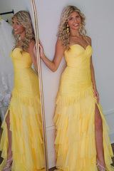 Dreamyannie Yellow Prom Dress Chiffon Sweetheart Ruffled Long Formal Dress With Slit