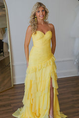 Dreamyannie Yellow Prom Dress Chiffon Sweetheart Ruffled Long Formal Dress With Slit
