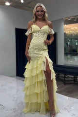 Dreamyannie Yellow Prom Dress Cold Shoulder Ruffled Lace Long Formal Dress With Slit