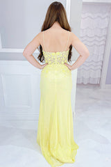 Dreamyannie Yellow Prom Dress Floral Mermaid Spaghetti Straps Long Formal Dress With Slit
