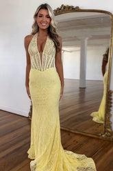 Dreamyannie Yellow Prom Dress Lace Mermaid Halter Corset Long Formal Dress
