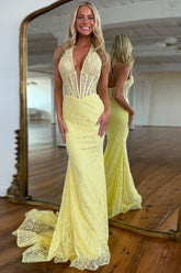 Dreamyannie Yellow Prom Dress Lace Mermaid Halter Corset Long Formal Dress