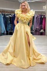 Dreamyannie Yellow Prom Dress Ruffled A Line Long Formal Dress With Pockets