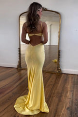 Dreamyannie Yellow Prom Dress Spaghetti Straps Mermaid Hollow Out Satin Formal Dress